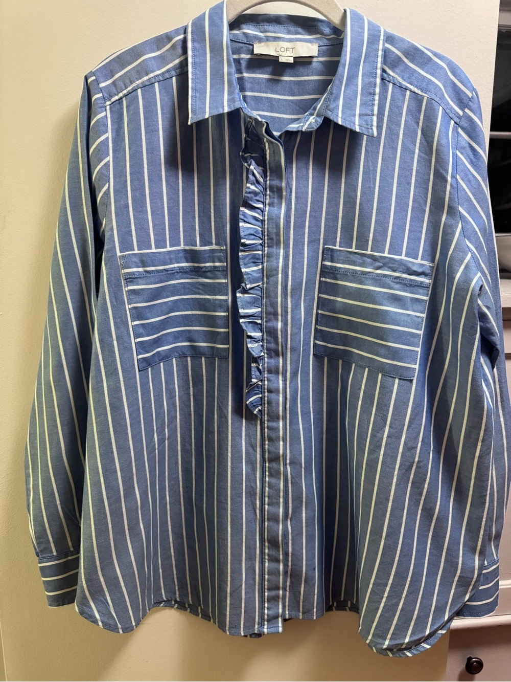 Bundle 4 $10 items for $30 LOFT Blue & White Striped Ruffle-Front Shirt Large